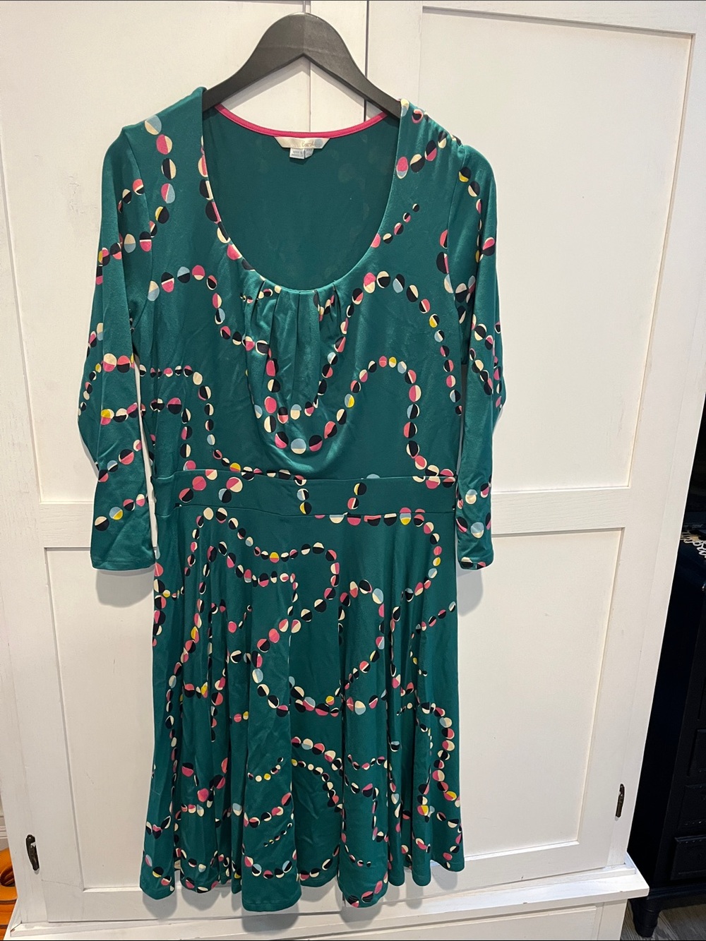 Boden Teal Long-Sleeve Scoop-Neck Dress with Multicolor Dot Chain